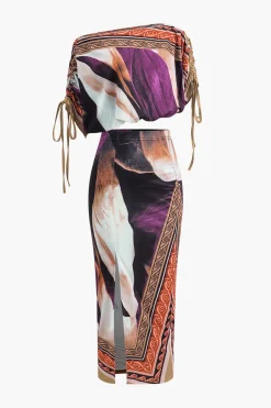 Abstract Floral Print Long Sleeve Top And Midi Skirt Set
