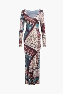 Abstract Patchwork Printed Long Sleeve Maxi Dress