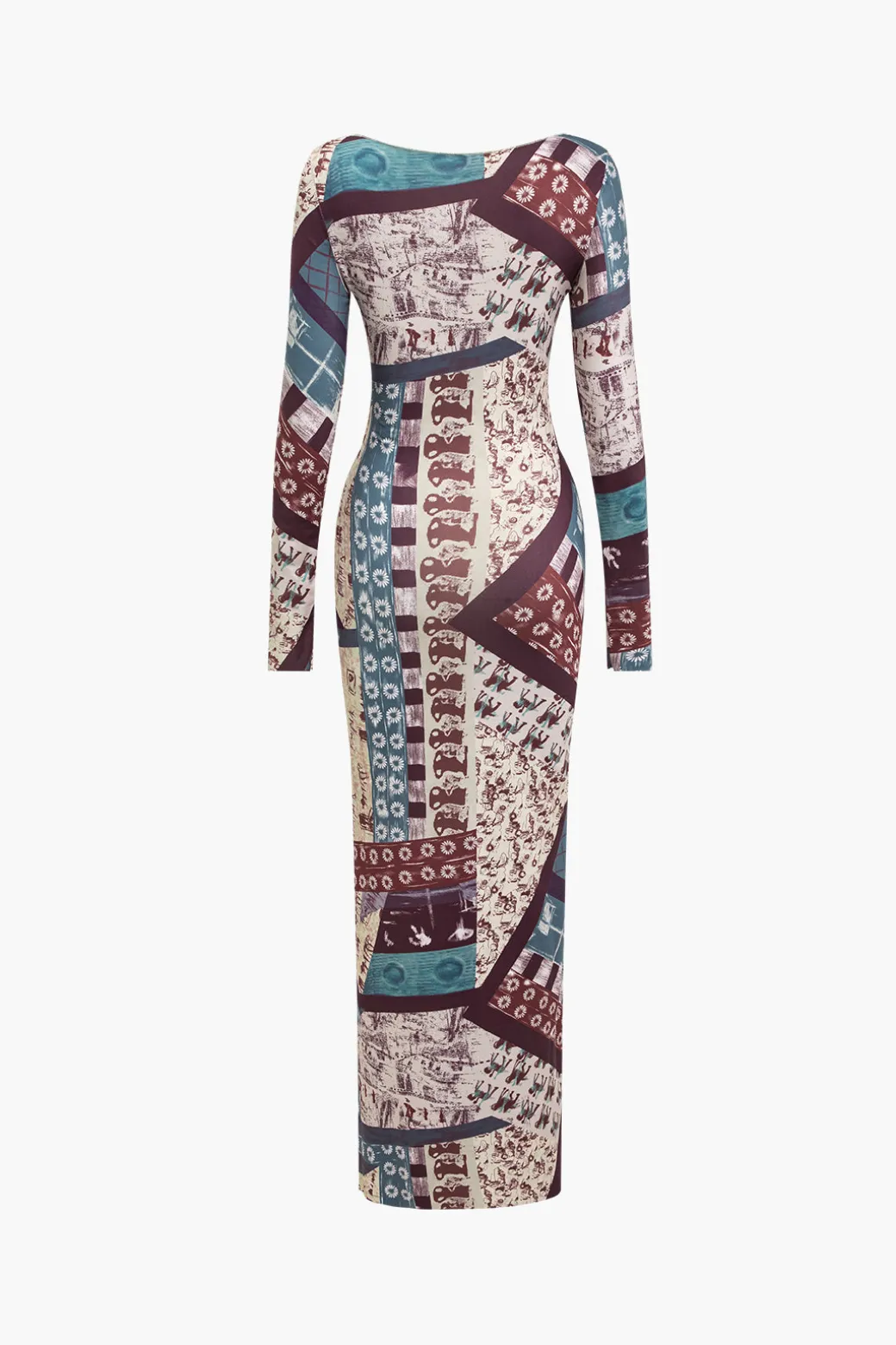 Abstract Patchwork Printed Long Sleeve Maxi Dress