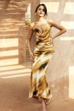 Abstract Print Cowl Neck Backless Slit Slip Maxi Dress