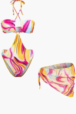 Abstract Print Halter Tummy Control One-piece Swimsuit And Knot Mini Sarong Skirt Set