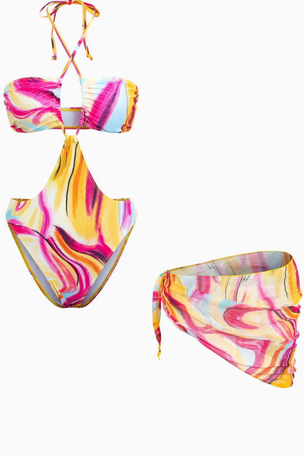 Abstract Print Halter Tummy Control One-piece Swimsuit And Knot Mini Sarong Skirt Set