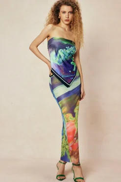Abstract Print Knot Strapless Top And Cut Out Midi Skirt Set