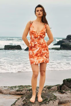 Abstract Print Knot V-Neck Mini Dress