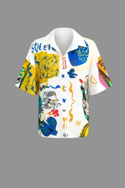Abstract Print Knot-Front Shirt And Drawstring Shorts Set