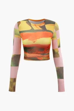Abstract Print Long Sleeve Crop Top