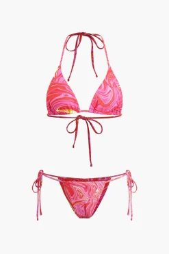 Abstract Print Mesh Four-Piece Swimsuit Set