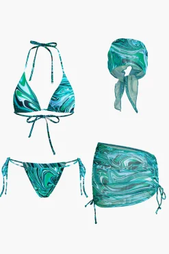 Abstract Print Mesh Four-Piece Swimsuit Set