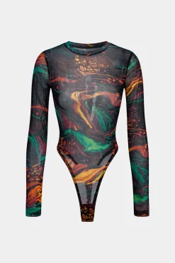 Abstract Print Mesh Long Sleeve Bodysuit