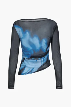 Abstract Print Mesh Long-Sleeve Top