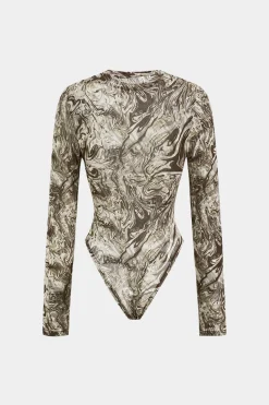Abstract Print Mesh Round Neck Long Sleeve Bodysuit