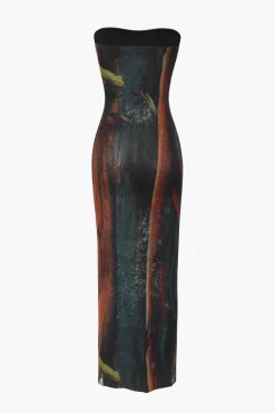 Abstract Print Mesh Strapless Midi Dress