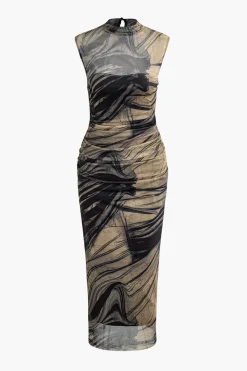 Abstract Print Mock Neck Mesh Ruched Sleeveless Maxi Dress
