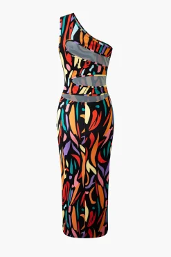 Abstract Print One Shoulder Cut Out Midi Dress