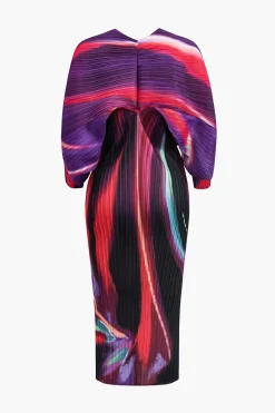 Abstract Print Pleated V-Neck Batwing Sleeve Maxi Dress