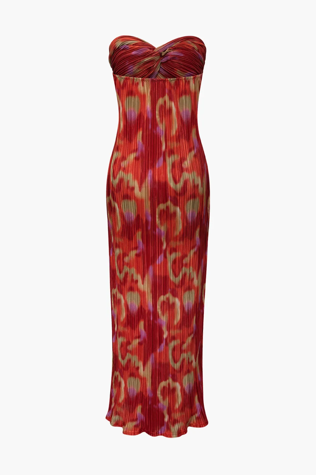 Abstract Print Plisse Strapless Maxi Dress