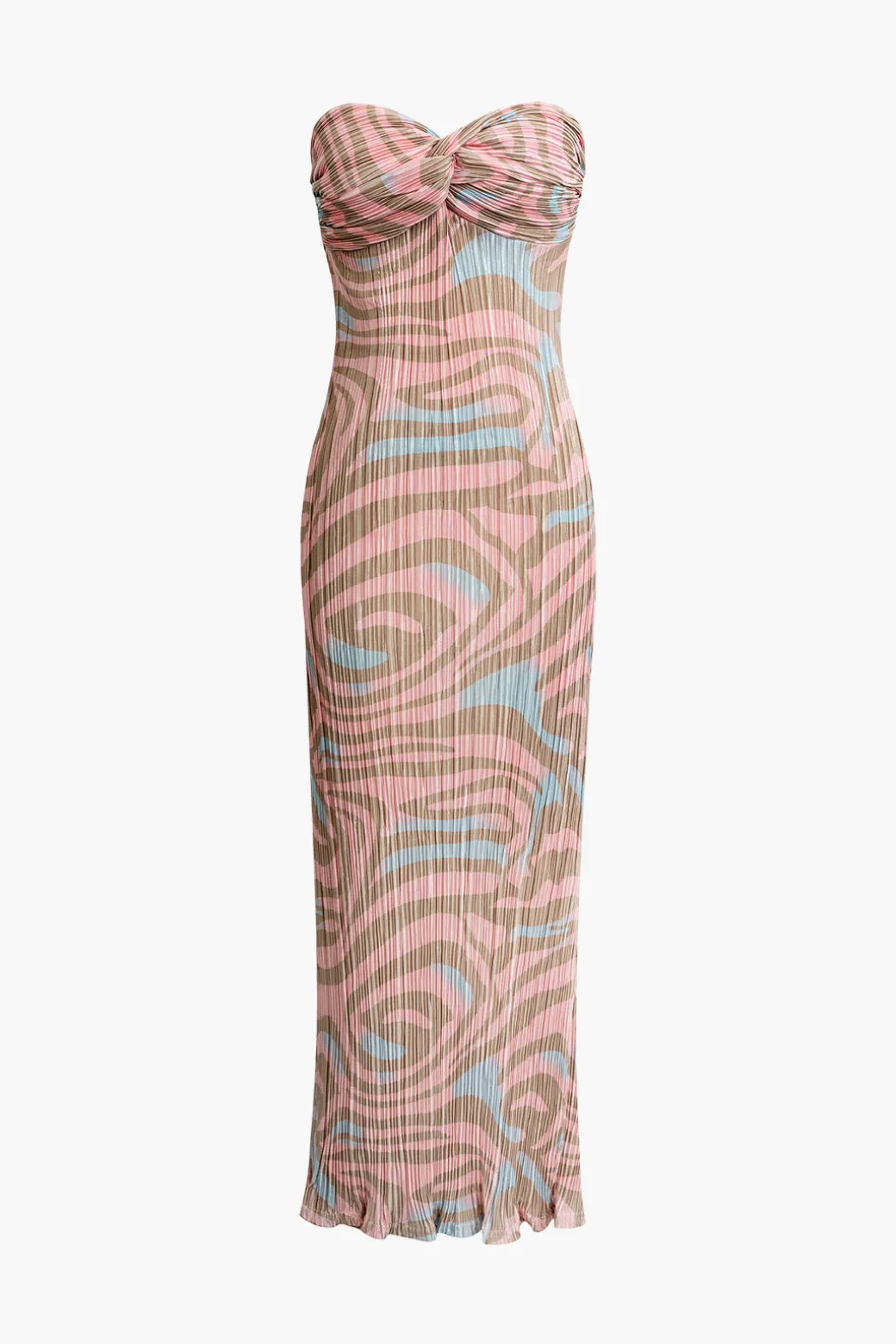 Abstract Print Plisse Strapless Maxi Dress