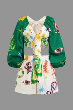 Abstract Print Puff Sleeve Two-Piece Shorts Set
