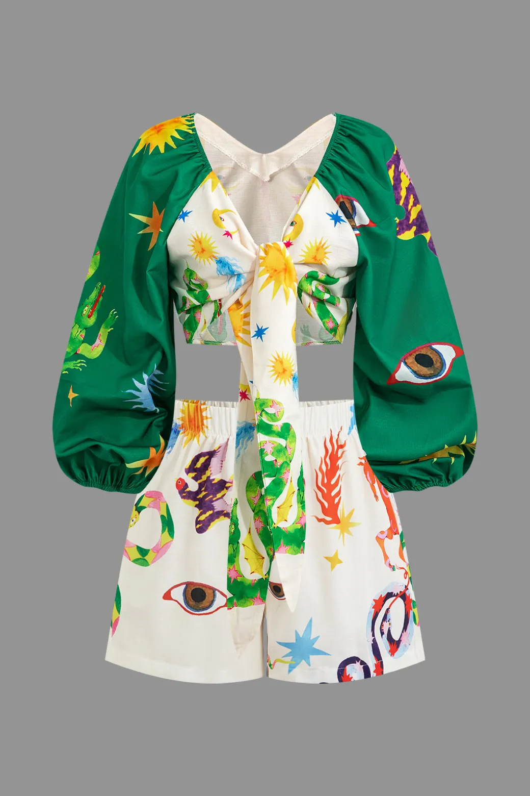 Abstract Print Puff Sleeve Two-Piece Shorts Set