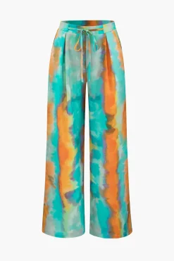 Abstract Print Satin Tie Waist Wide Leg Pants