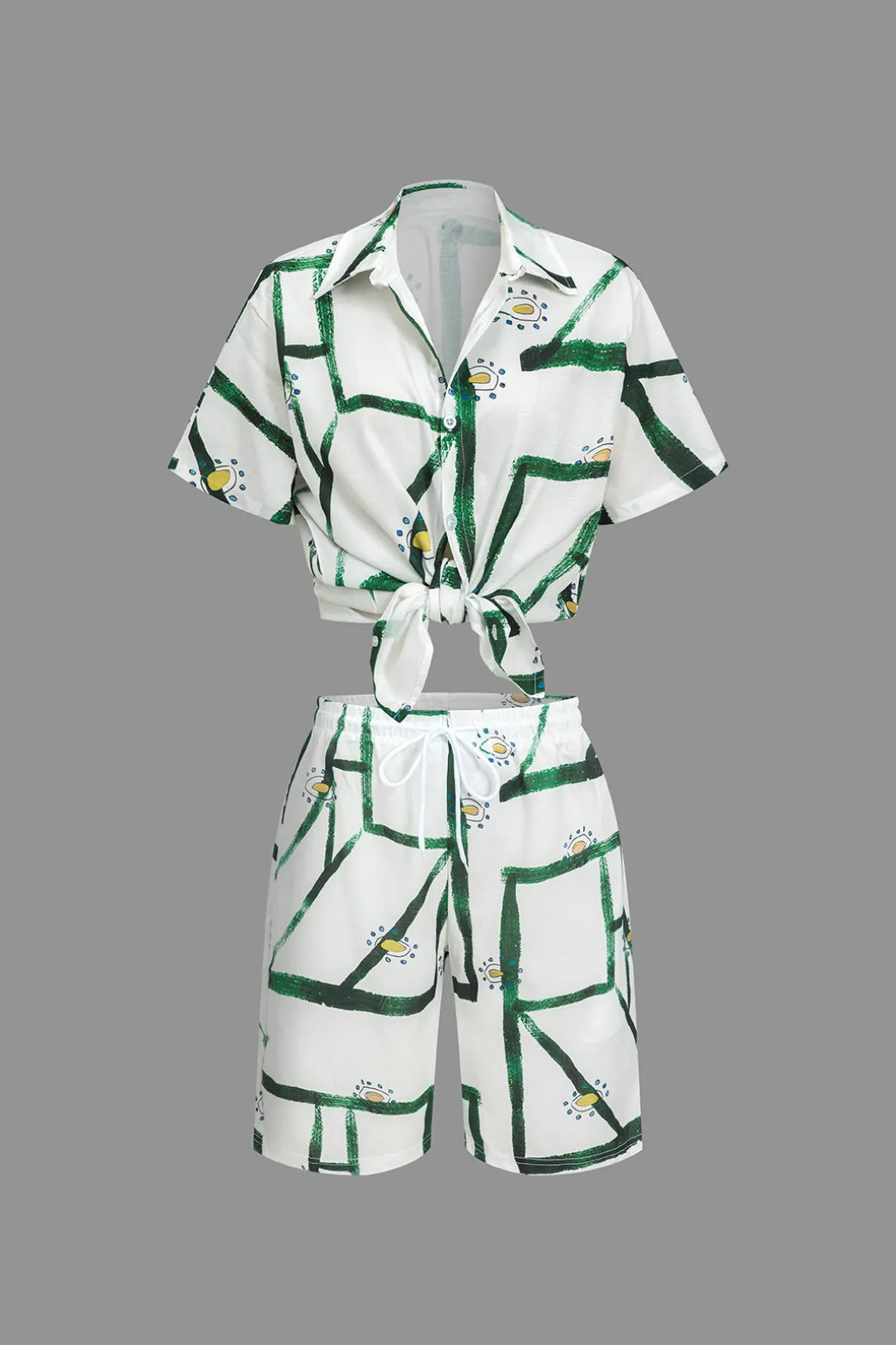 Abstract Print Shirt And Drawstring Shorts Set