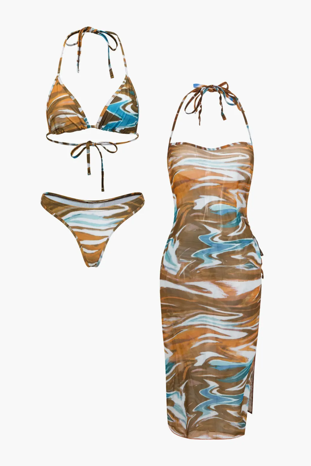Abstract Print Tie Halter Bikini And Slit Midi Dress Swimsuit Set