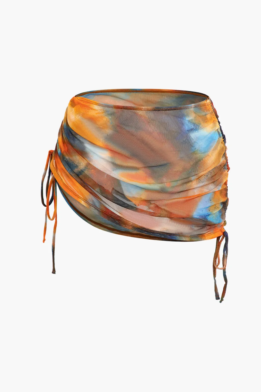 Abstract Print V-neck Cross Back Tie Swimsuit And Mesh Mini Sarong Skirt Set