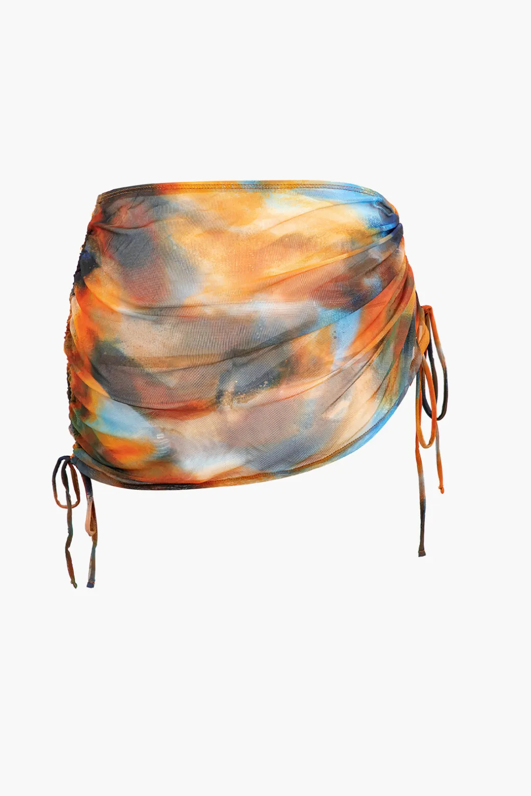 Abstract Print V-neck Cross Back Tie Swimsuit And Mesh Mini Sarong Skirt Set