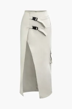 Asymmetric Belted Flap Pocket Split Maxi Skirt