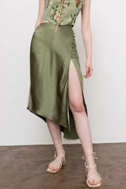 Asymmetric Hem Slit Button Deco Skirt