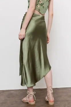 Asymmetric Hem Slit Button Deco Skirt