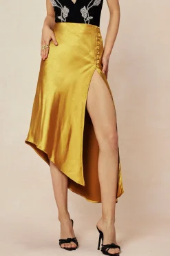 Asymmetric Hem Slit Button Deco Skirt