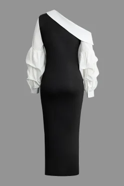 Asymmetric Lantern Sleeve Slit Midi Dress