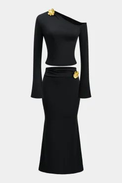 Asymmetric Metal Floral Decor Top And Skirt Set