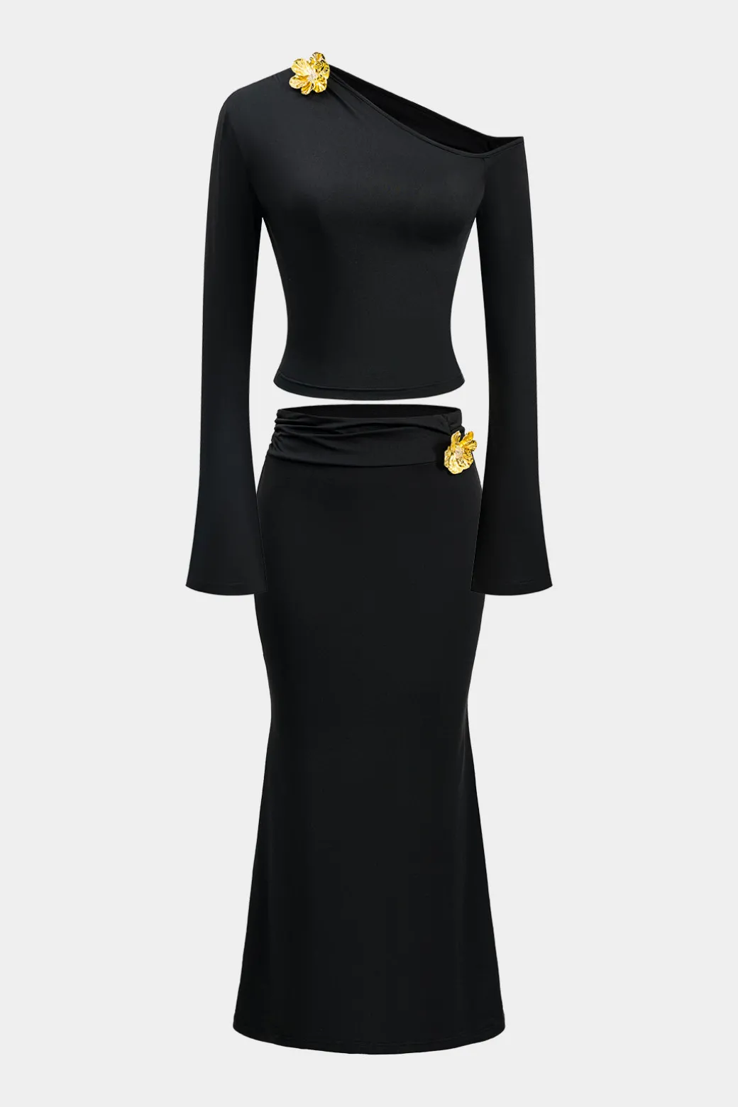 Asymmetric Metal Floral Decor Top And Skirt Set