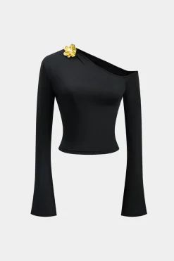 Asymmetric Metal Floral Decor Top And Skirt Set