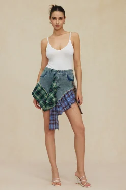 Asymmetric Patchwork Denim Mini Skirt