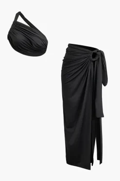 Asymmetric Ruched Cami Top And Tie Split Maxi Skirt Set