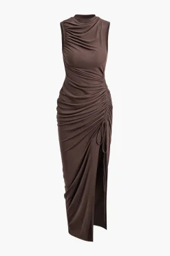 Asymmetric Ruched Drawstring Slit Sleeveless Maxi Dress