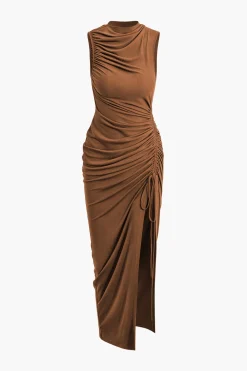 Asymmetric Ruched Drawstring Slit Sleeveless Maxi Dress