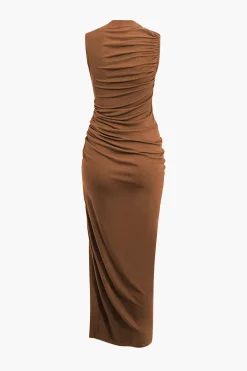 Asymmetric Ruched Drawstring Slit Sleeveless Maxi Dress