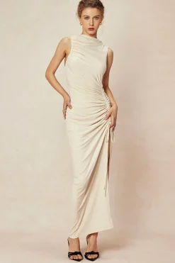 Asymmetric Ruched Drawstring Slit Sleeveless Maxi Dress