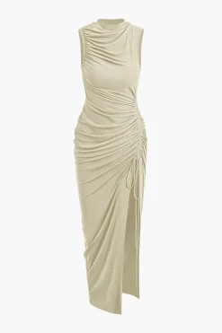 Asymmetric Ruched Drawstring Slit Sleeveless Maxi Dress