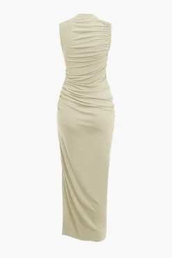 Asymmetric Ruched Drawstring Slit Sleeveless Maxi Dress
