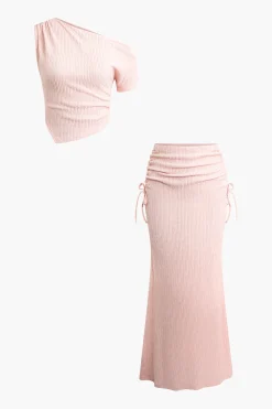Asymmetric Texture Top and Ruched Skirt Set