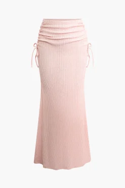 Asymmetric Texture Top and Ruched Skirt Set