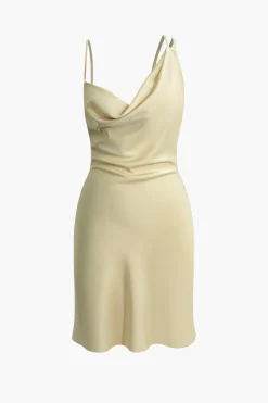 Asymmetrical Cowl Neck Backless Slip Mini Dress