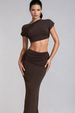 Asymmetrical Drawstring Short Sleeve Crop Top And Maxi Skirt Set