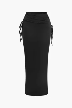 Asymmetrical Drawstring Short Sleeve Crop Top And Maxi Skirt Set