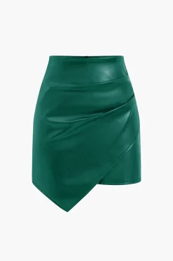 Asymmetrical Faux Leather Ruched Skirt